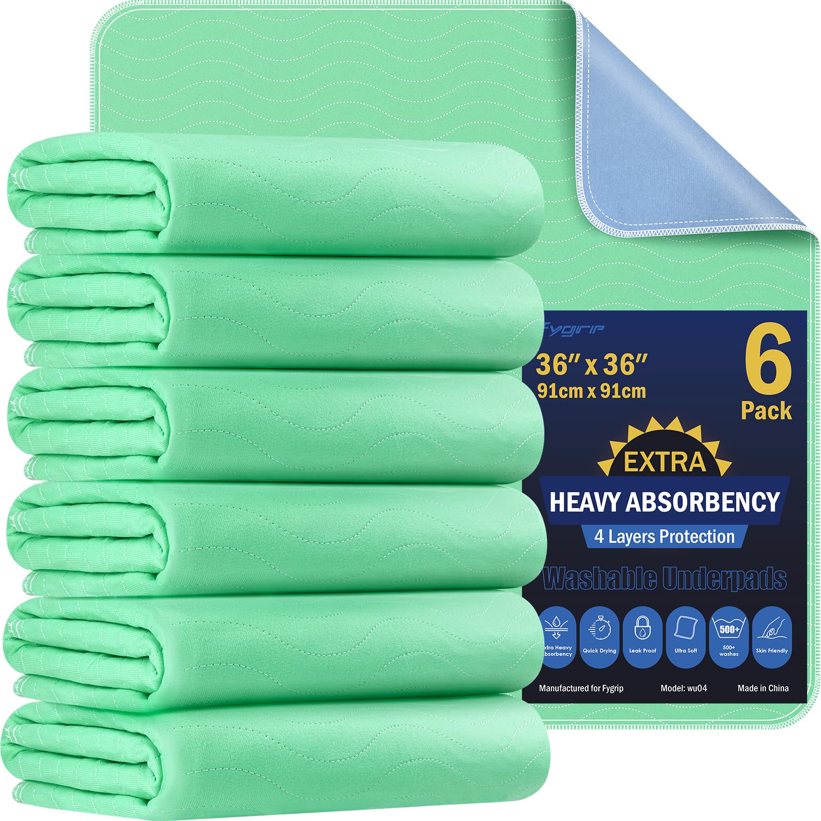 4 Pack 36” x 36” Extra Heavy Absorbency Washable Underpads, Waterproof Quick Drying Nursing Incontinence Reusable Washable Bed Pee Pads for Dogs, Diaper Changing & Adults, Green